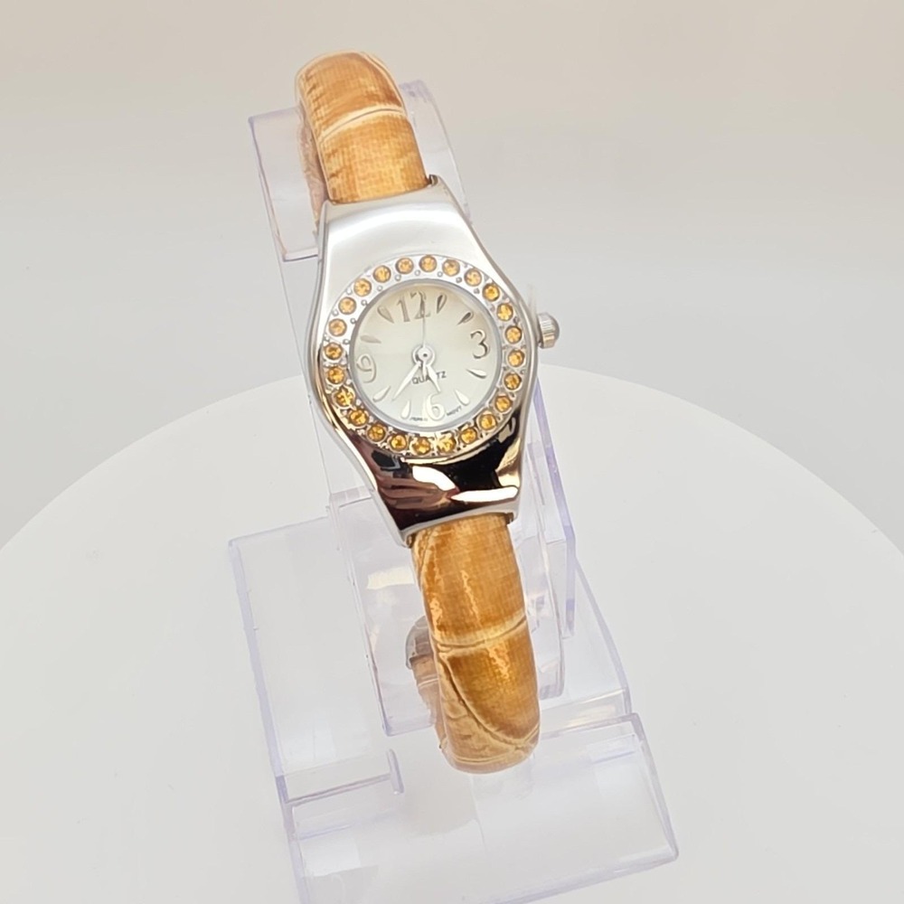 New! AVON Women's Cuff Watch Amber Orange Gemmed Silver Tone New Battery
